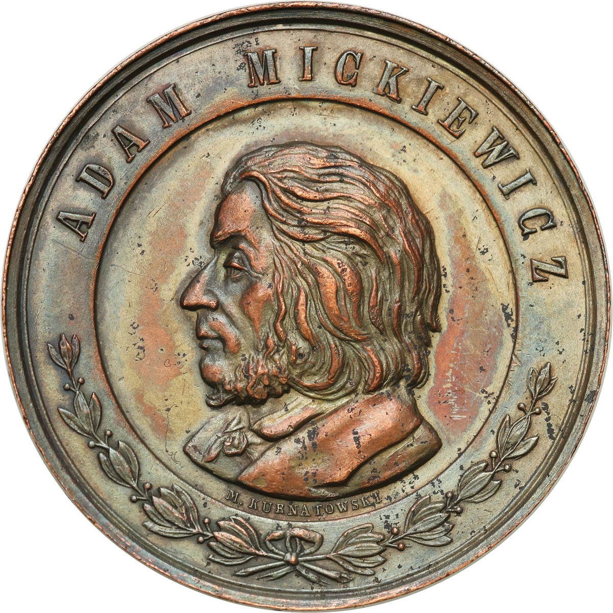 Polska pod zaborami. Medal przeniesienie zwłok Adama Mickiewicza na Wawel 1890, miedź
